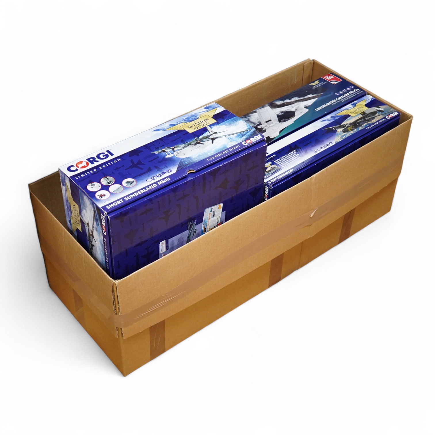 Three boxed 1:72 scale Corgi Aviation Archive aircraft; a Short Sutherland Mk.III, a Consolidated Catalina Mk.IVa, and a B-24 Liberator